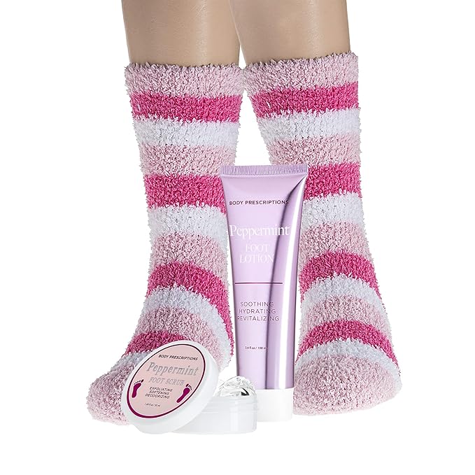 Live Green Bath and Body Pedicure Set- Relaxing Foot Care Set with Pink Fuzzy Socks, Peppermint Foot Lotion, and Foot Scrub, Holiday Present for Women