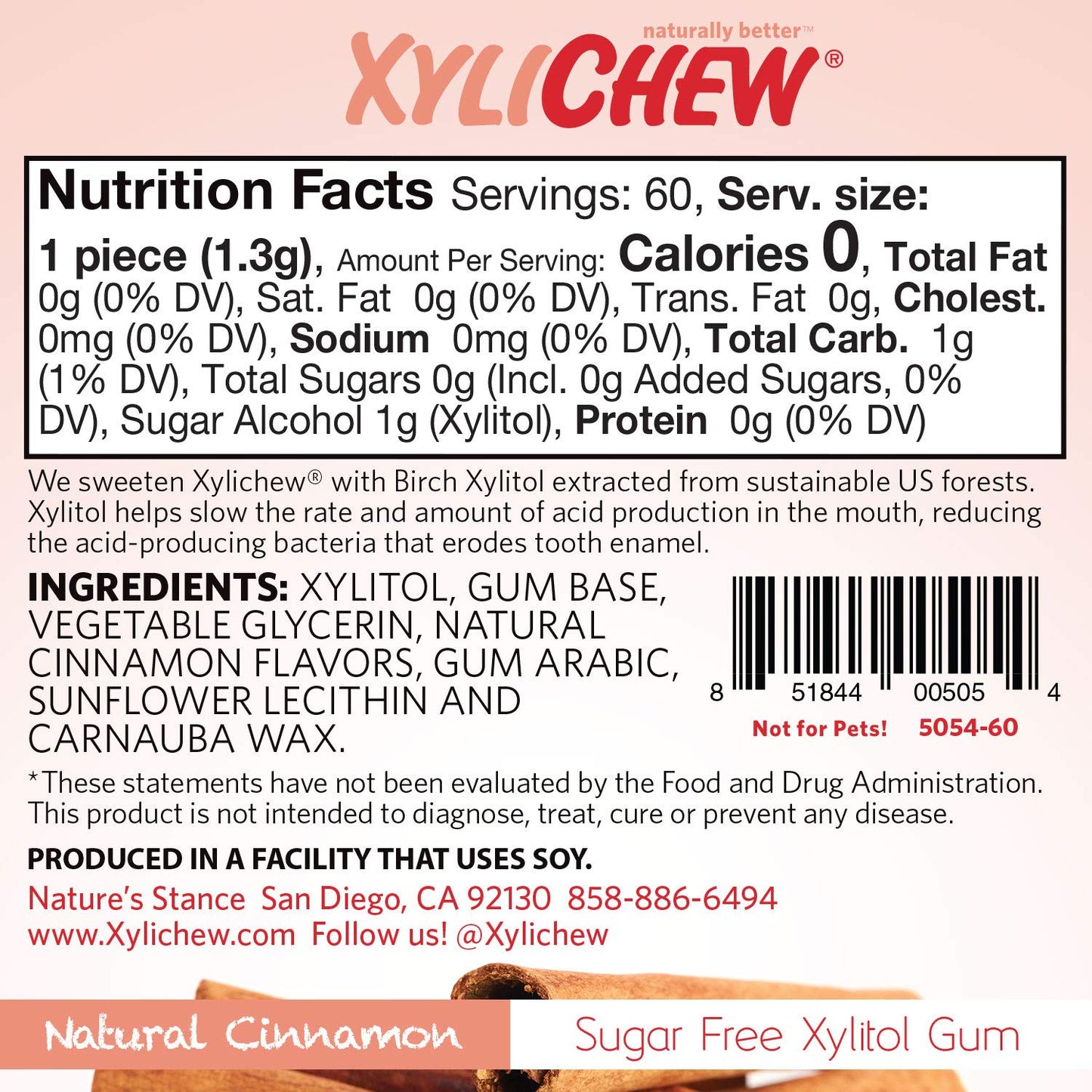Xylichew 100% Xylitol Chewing Gum Jars - Non GMO, Gluten, Aspartame, and Sugar Free Gum - Natural Oral Care, Relieves Bad Breath and Dry Mouth - Cinnamon, 60 Count (Pack of 4)