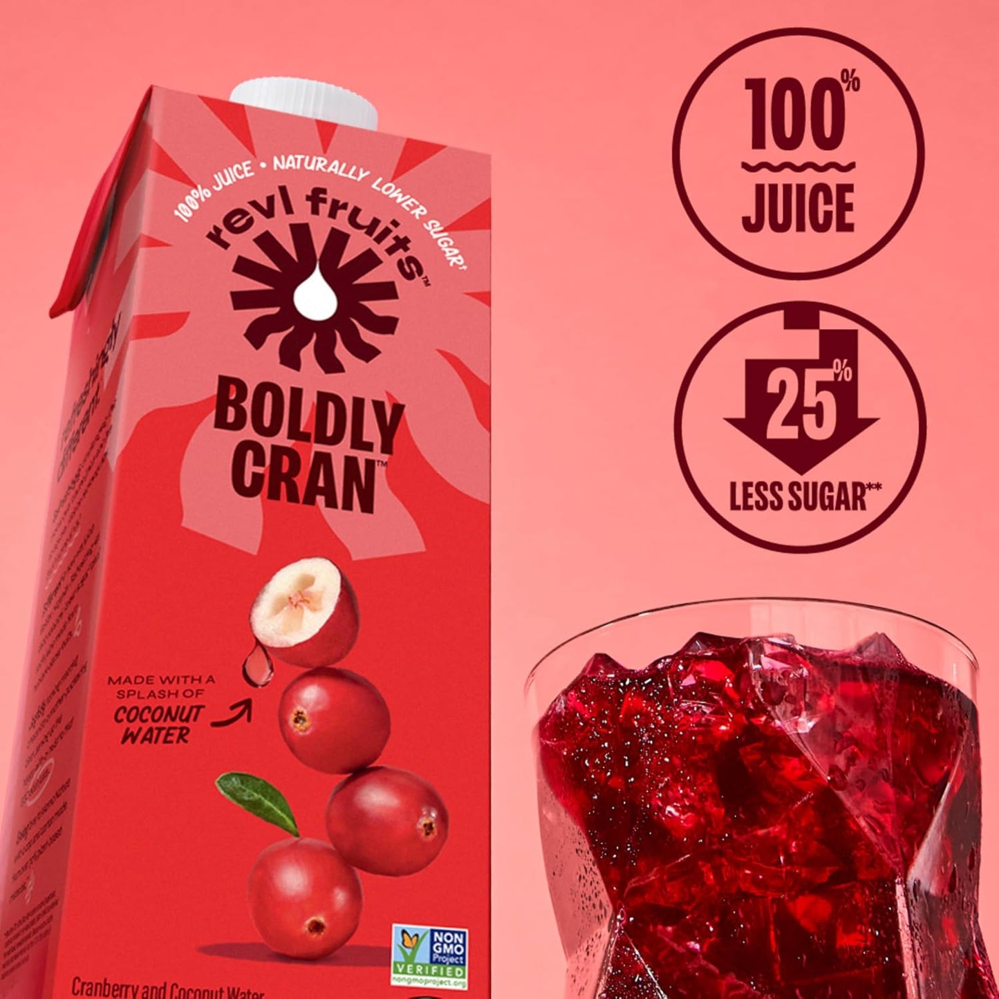 Revl Fruits™ 100% Juice, Boldly Cran™ Cranberry Juice, No Added Sugar, 32 fl oz. Carton (Pack of 4)