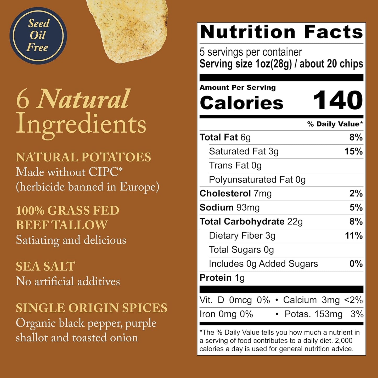 Vandy Crisps Potato Chips - Seed Oil Free Snacks - Gluten Free Potato Chip - Made with Potatoes, Grass-Fed Beef Tallow, Sea Salt, & French Onion Blend - 6 Pack, 5 Ounce Each (French Onion)