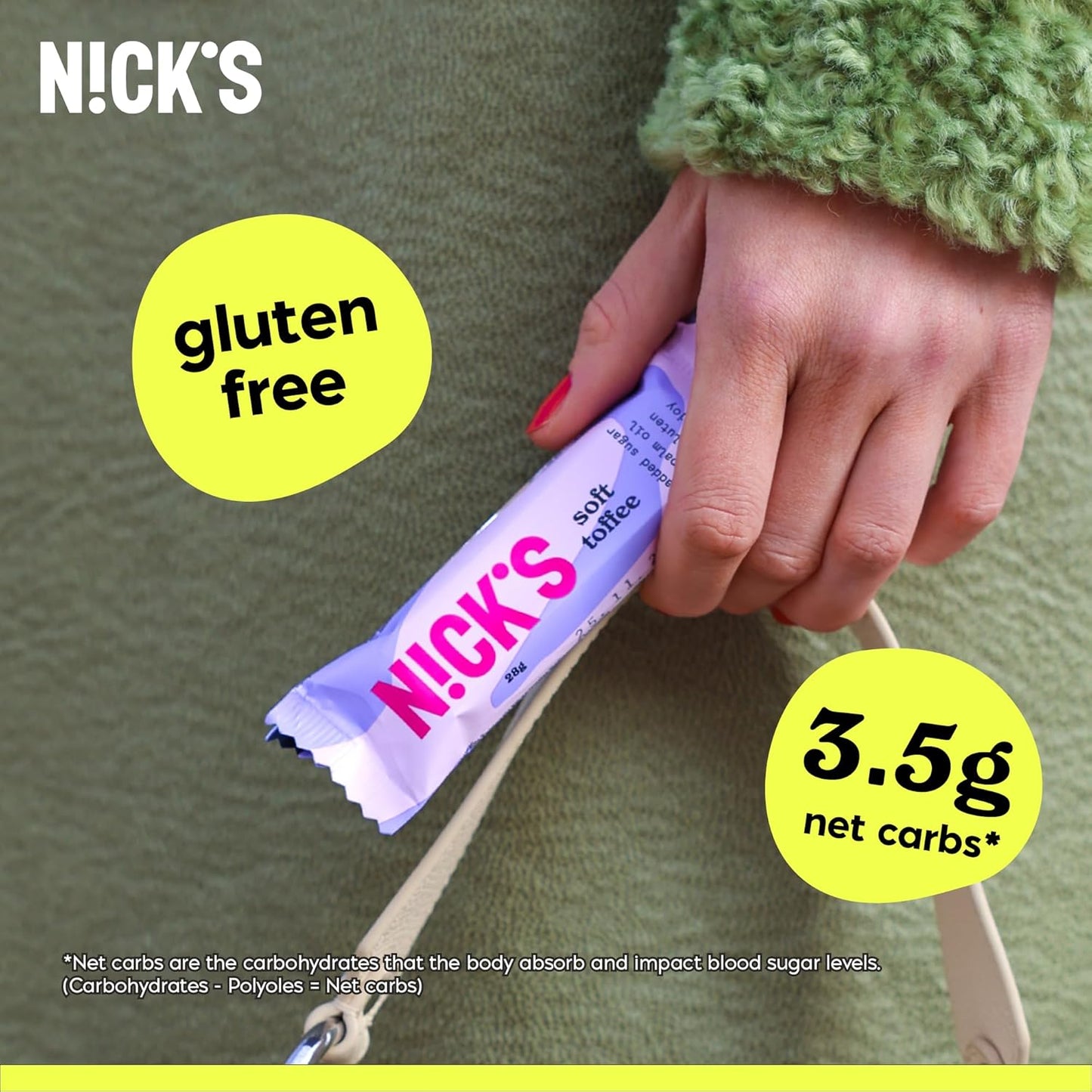 NICKS Soft Toffee Chocolate Bar with Caramel Without Added Sugar,110 Calories, 3.5 Net Carbs, Gluten Free, Low Carb Candy (15x28g)