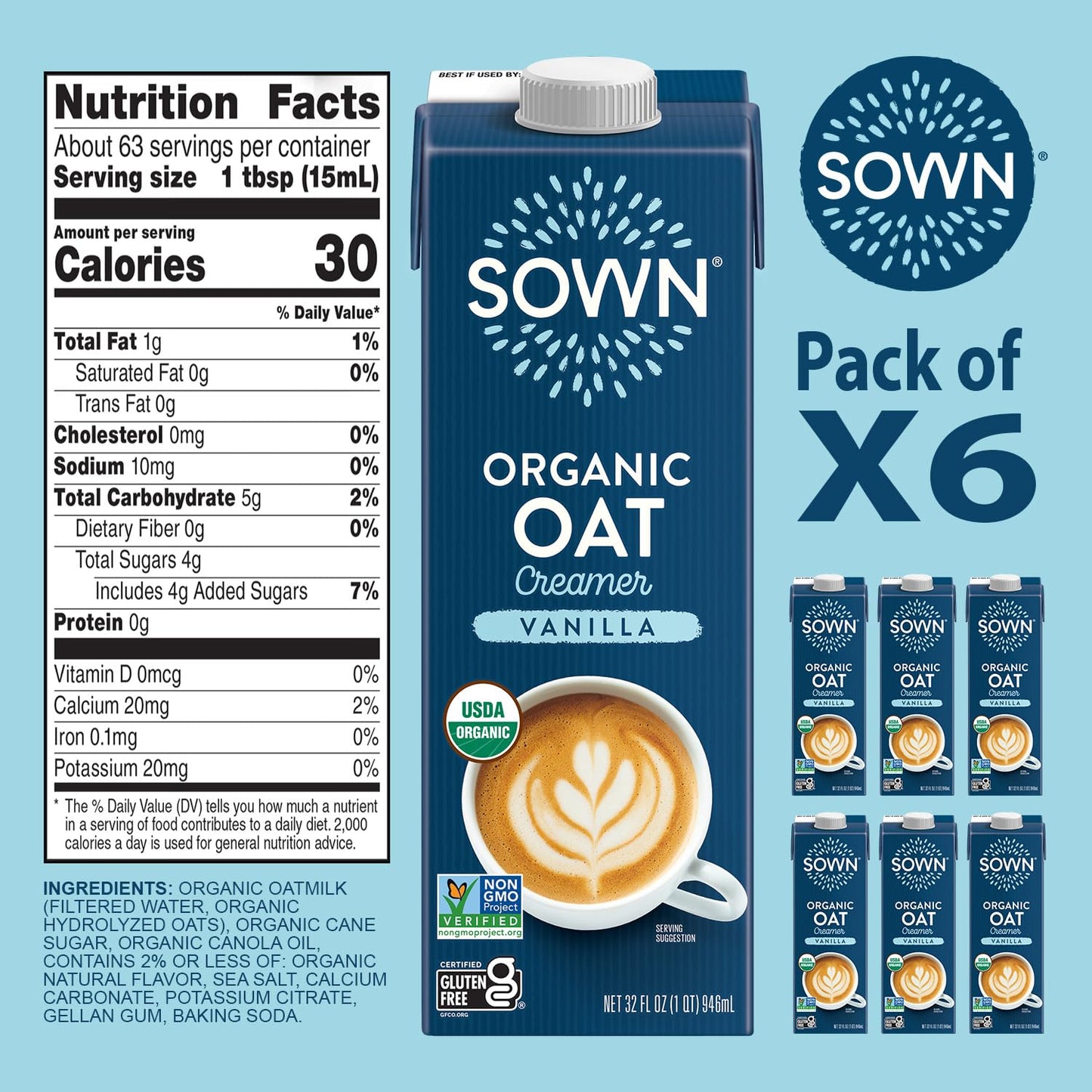 SOWN Organic Oat Creamer Vanilla - Barista Oat Milk Non Dairy Coffee Creamer - Plant Based, Dairy-Free, Vegan, Gluten-Free, Non-GMO, Shelf Stable - 32oz (Pack of 6)