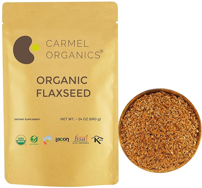 Organic Flax Seeds Whole 24 Ounce or 680 g (1.5 Lb) | Non GMO | Kosher | USDA Certified Organic | By Carmel Organics | Unroasted Flax Seed | Plant Based | Linum usitatissimum