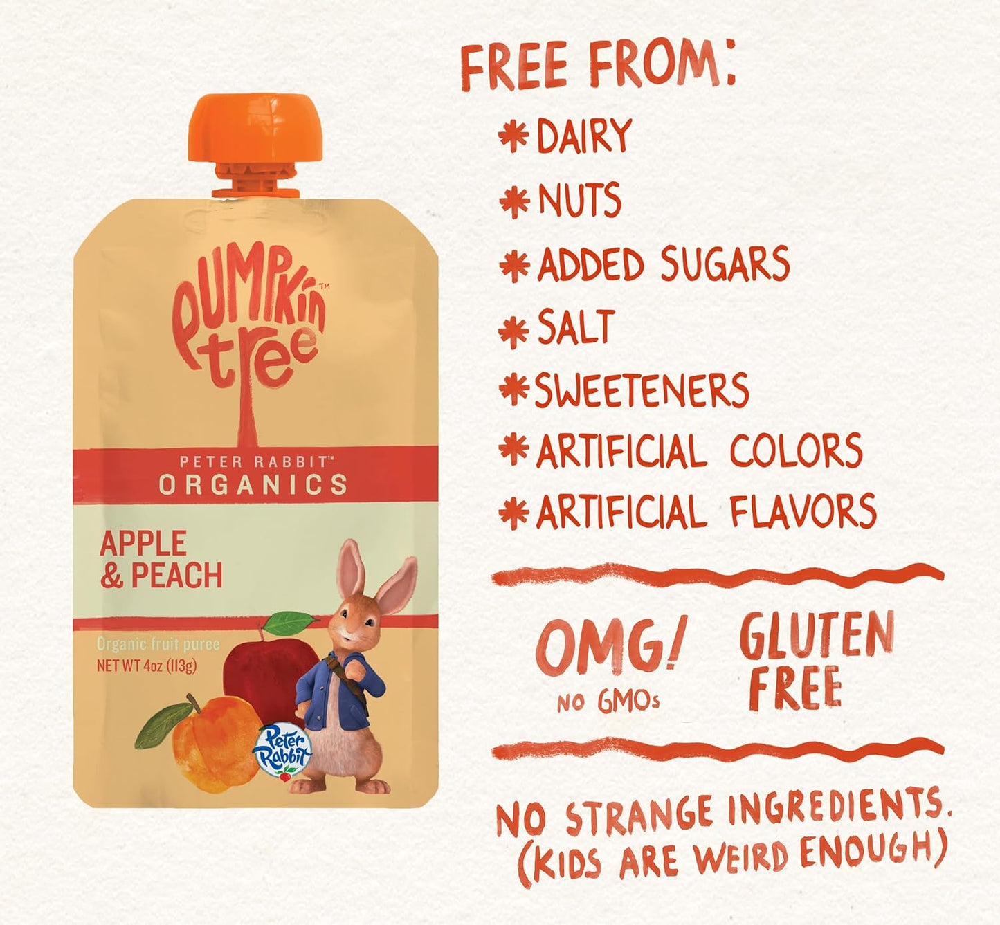 Pumpkin Tree Peter Rabbit Organics Apple and Peach, Fruit Snack Squeeze Pouch, 4 Ounce (Pack of 10)