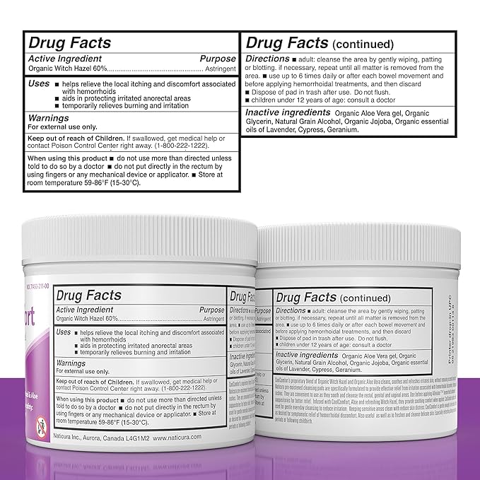 CoolComfort Personal Cleansing Pads with Organic Witch Hazel and Aloe Vera - All-Natural and Fast Acting Wipes for Hemorrhoid Burning, Itching, Pain and Swelling - 100 Pads - No Parabens