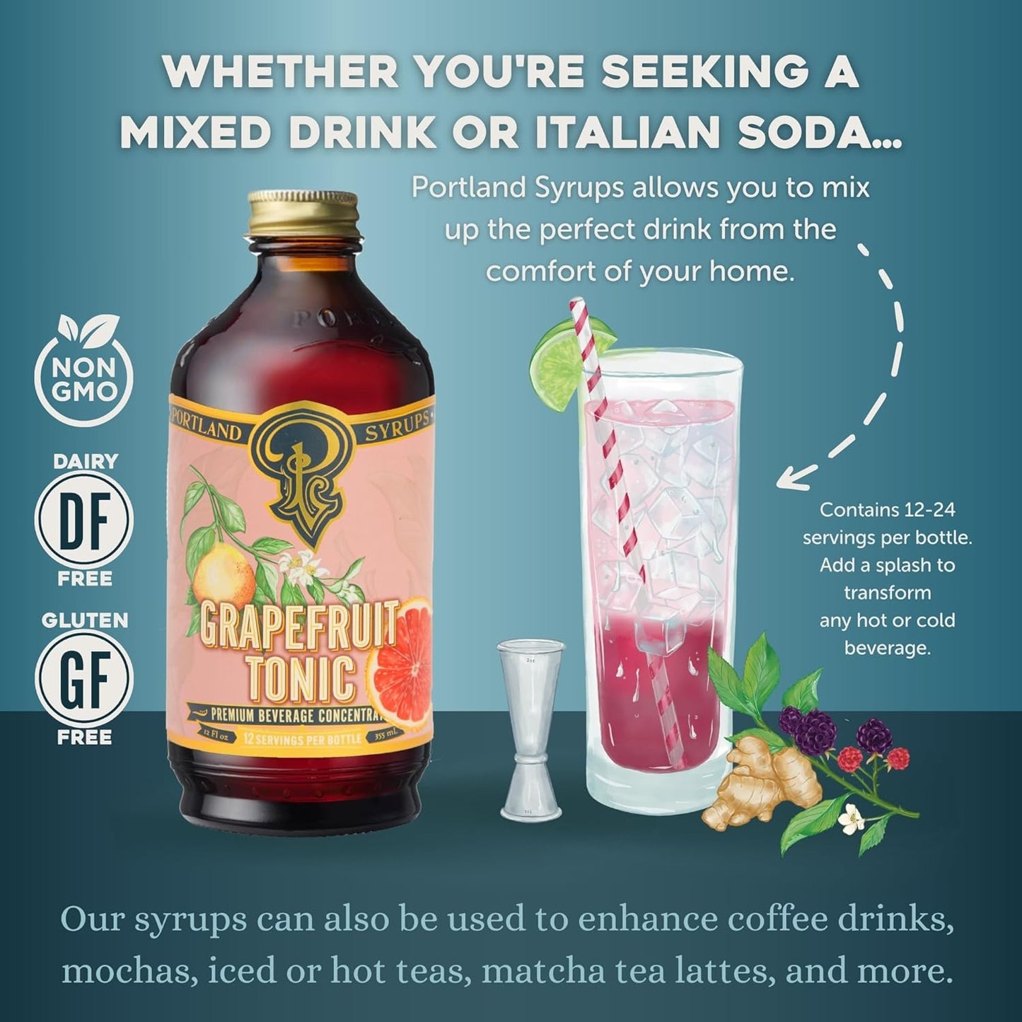 Portland Syrups Grapefruit Tonic Syrup - Refreshing Citrus Flavor - Premium Beverage Concentrate for Cocktails, Mocktails, Tea, and More - 12 oz with 12 Servings (Pack of 2)