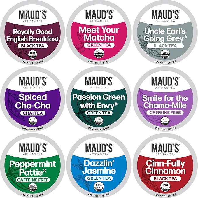 Maud's 9 Blend Organic Tea Pods Variety Pack, 48 ct, 9 Assorted Flavors, Recyclable Single Serve Pods –100% Gourmet Blended Tea Leaves, Compatible with Keurig K Cups Maker