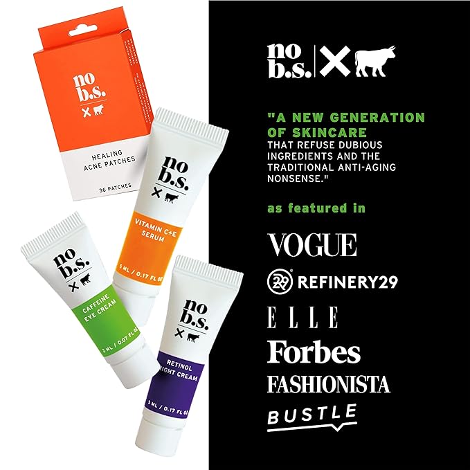 No B.S. (No Bad Stuff) Skincare Minis Kit, Vitamin C & E Serum with Hyaluronic Acid, Retinol Night Cream, Caffeine Eye Cream & Invisible, Waterproof Acne Patches, 4 Product Trial Size