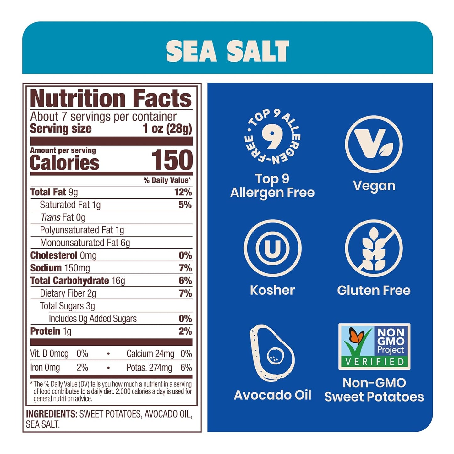 Jackson’s Sweet Potato Kettle Chips with Sea Salt made with Premium Avocado Oil (7 Ounce, Pack of 6) - Allergen-friendly, Gluten Free, Peanut Free, Vegan, Paleo Friendly - Shark Tank Product