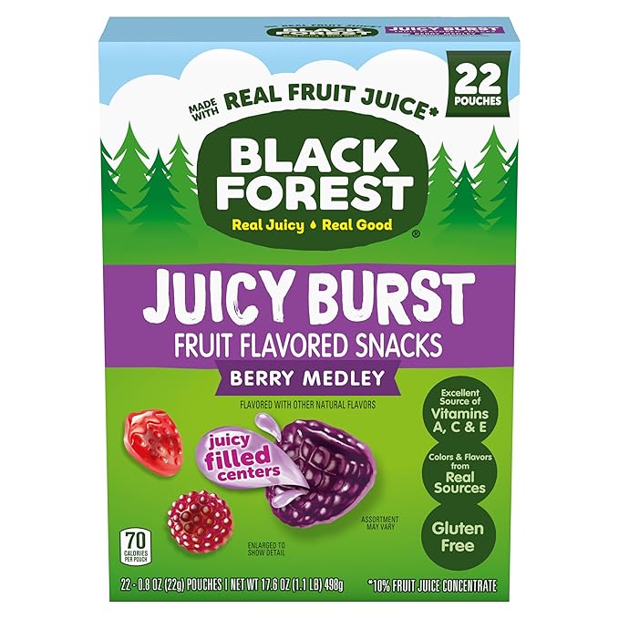 Black Forest Juicy Burst Fruit Snacks, Berry Medley, 0.8 Ounce Pouches (22 Count)