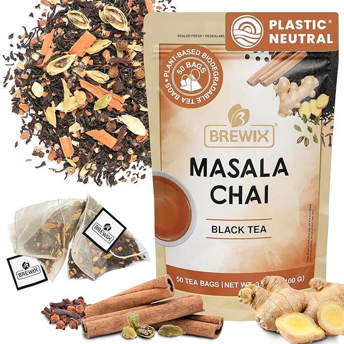BREWIX, Masala Chai Tea Bags (50 Pyramid Tea Bags) Strong, Robust & Spicy - Pure Ingredients | Black Tea, Cinnamon, Ginger, Black Pepper, Cardamom & Cloves, Packed in Resealable Ziplock Pouch
