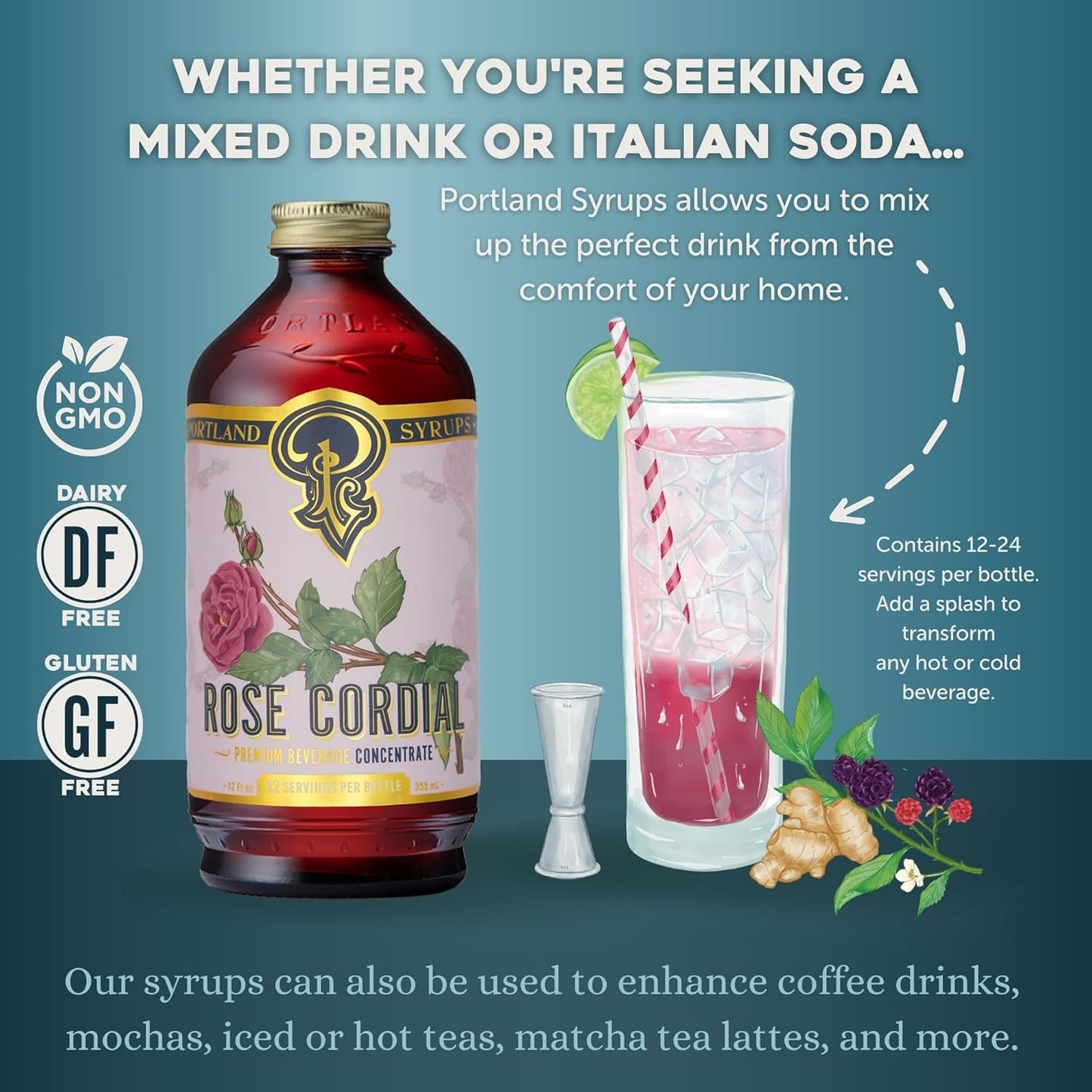 Portland Syrups Rose Cordial Syrup - Craft Exquisite Floral Beverages for Cocktails, Mocktails, Soda, and More - 12 oz with 24 Servings (Pack of 2)