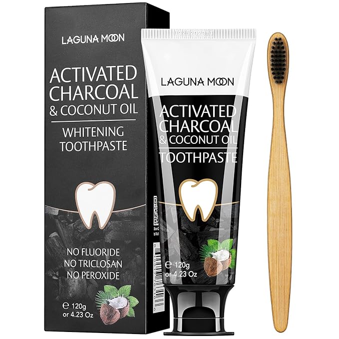 Lagunamoon Whitening Charcoal Toothpaste for Sensitive Teeth, Enamel Repair, Cavity Protection - Natural Toothpaste for Whitening, Removing Stains, Mint Flavor Freshen Breath Mint Gel - No Peroxide
