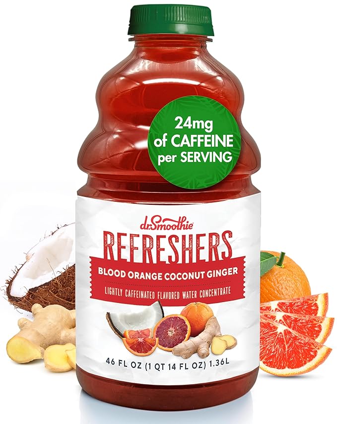 Dr. Smoothie Refreshers Blood Orange Coconut Ginger – Made with Real Fruit Juice – Drink Concentrate, No Artificial Colors, Shelf-Stable – Lightly Caffeinated with Green Coffee Extract (46 oz Bottle)