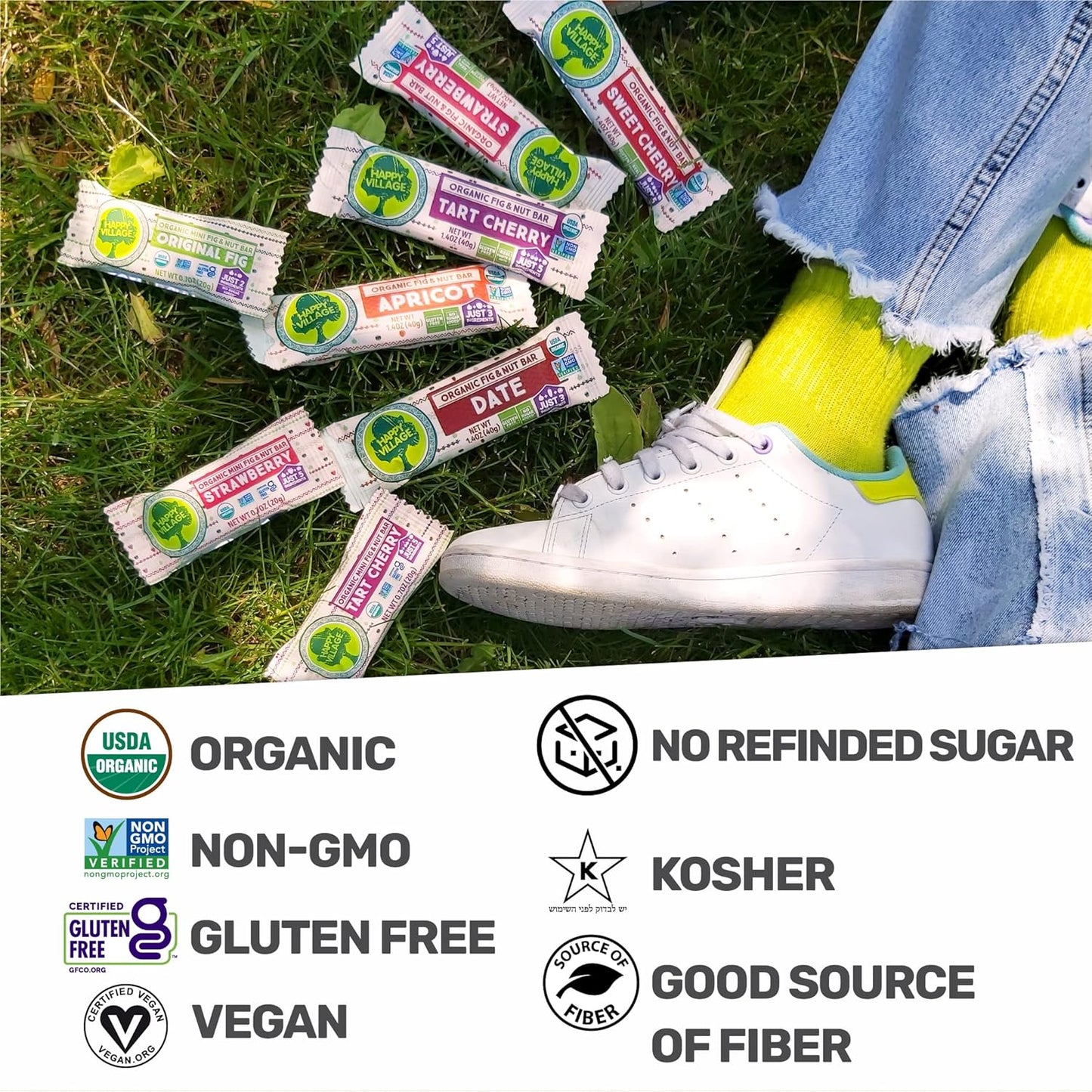 Happy Village Organic Fig & Nut Bars, VARIETY (24 Pack, 1.4 OZ each), Gluten Free, No Refined Sugar, Kosher, Non-GMO, Vegan, Good Source of Fiber, Organic Healthy Snack Bars - 4 bars of Each Flavor