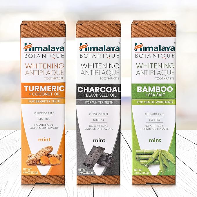 Himalaya Botanique Whitening Antiplaque Toothpaste with Bamboo + Sea Salt, Fluoride Free, for Gentle Whitening, 4 oz, 4 Pack
