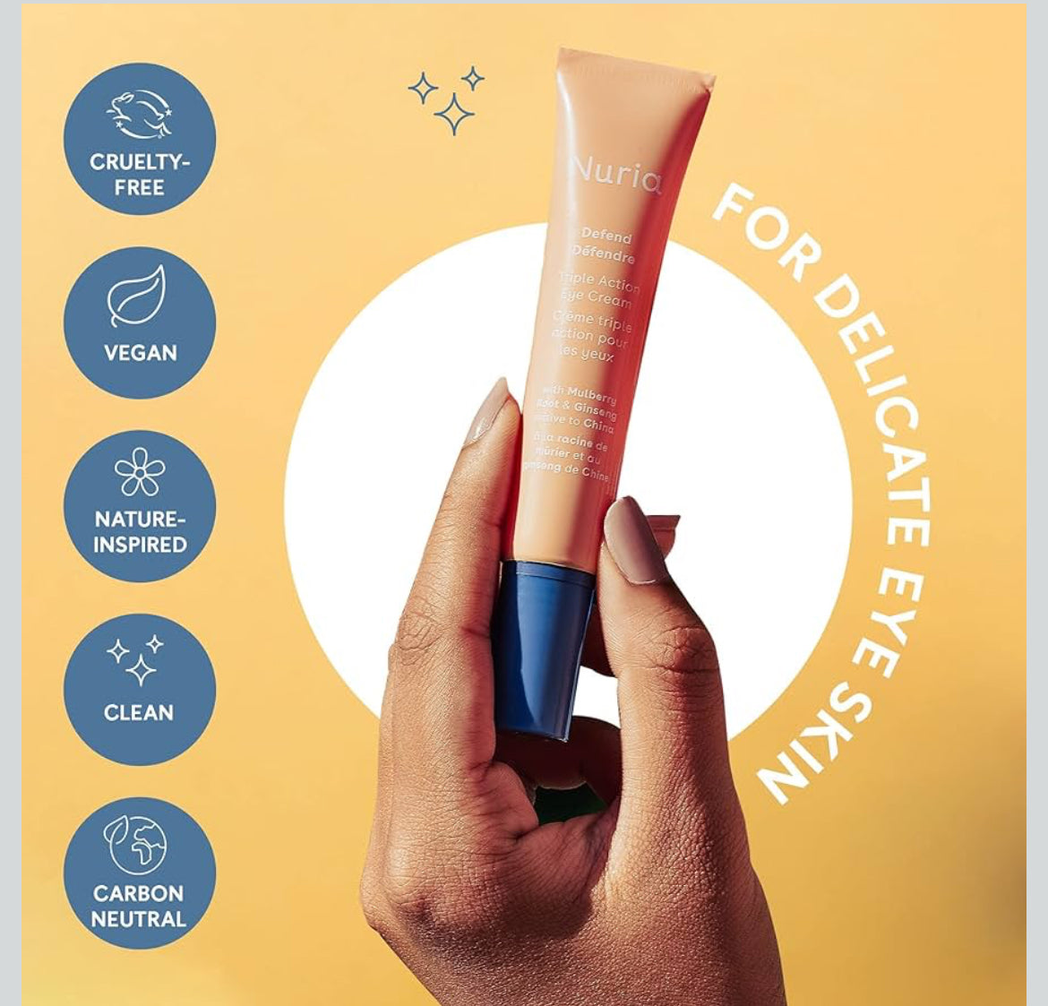 Nuria - Defend Triple Action Eye Cream for Dark Circles, Puffiness and Fine Lines, Nourishing Under Eye Cream with Ginseng and Mulberry Root, 15mL/0.5 fl oz