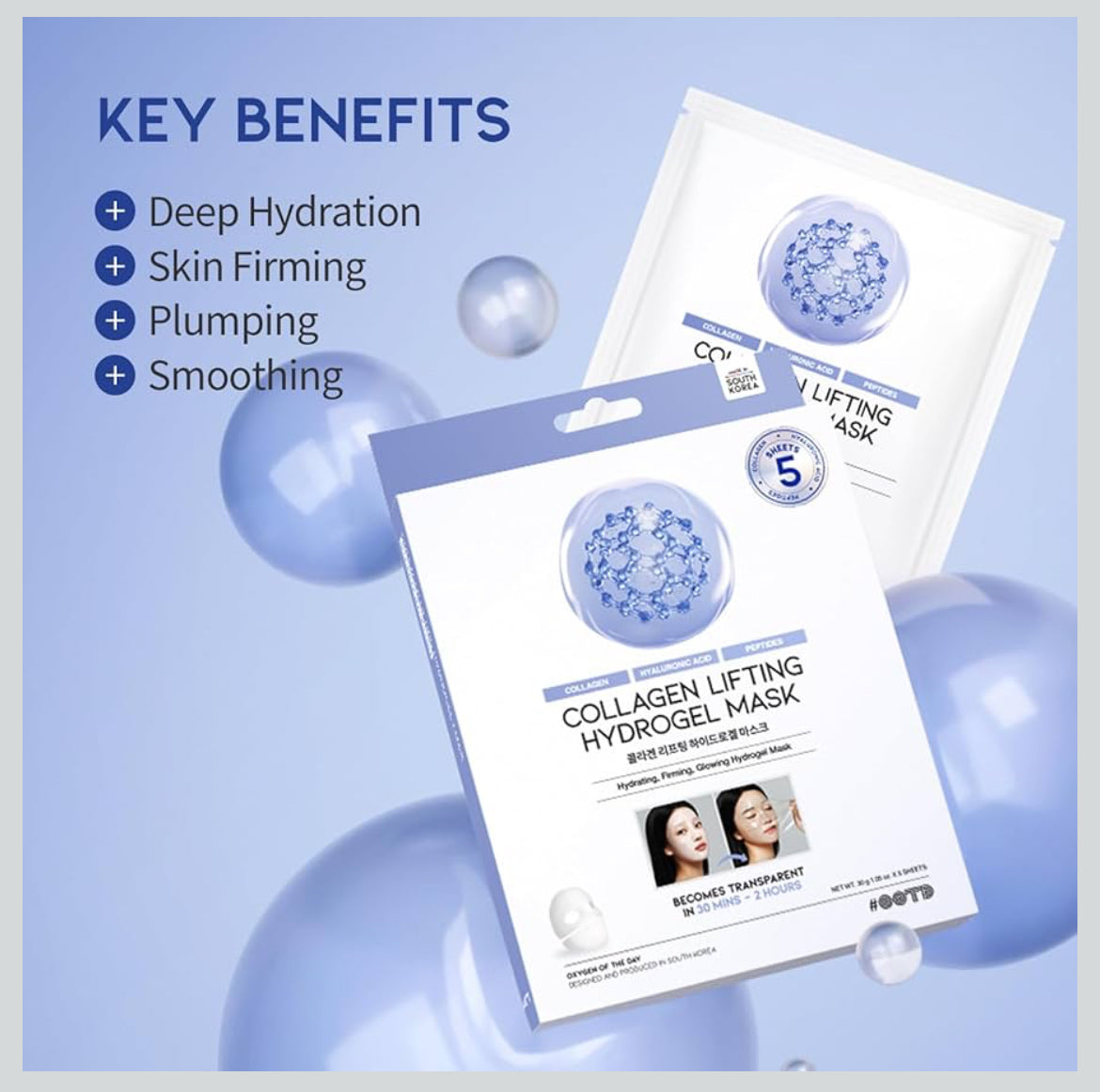 #OOTD Collagen, Hyaluronic Acid & Peptides for Elasticity, Hydration, and Firming. Lifting Hydrogel Sheet Mask - Face Mask (5pcs)