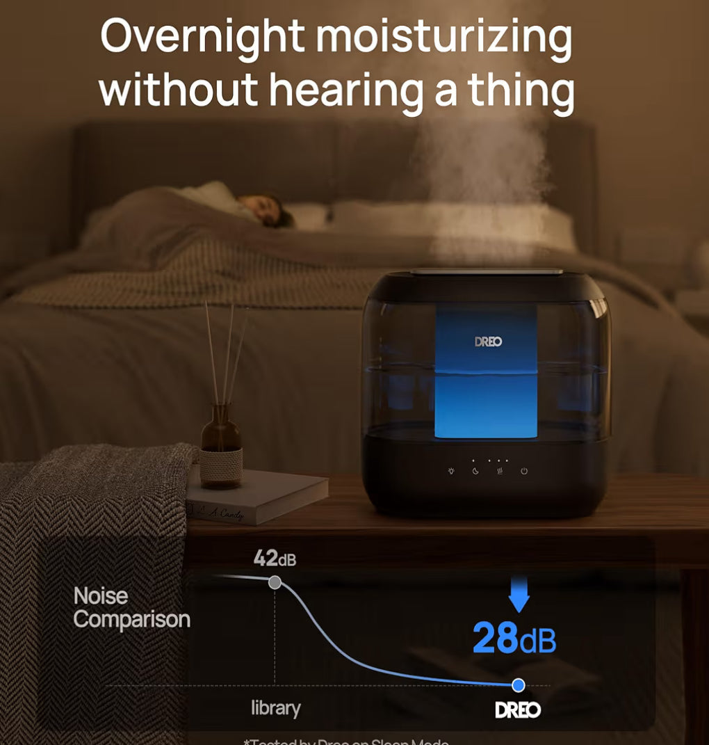 Dreo Top Fill 4L Humidifiers for Bedroom, 36H Runtime, 28 dB Quiet Cool Mist Supersized Air Humidifier for Large Room, Plants, Baby Nursery, Indoor, Night Light, Easy to Clean & Fill, Black