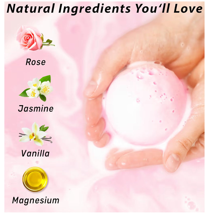 Magnesium Rose Vanilla Bath Bomb Mega Foaming Bubbles Infused with Vanilla Jasmine Luxurious Spa Bath Essentials Nourishing Dry Skin Stress Relief Bath Gift