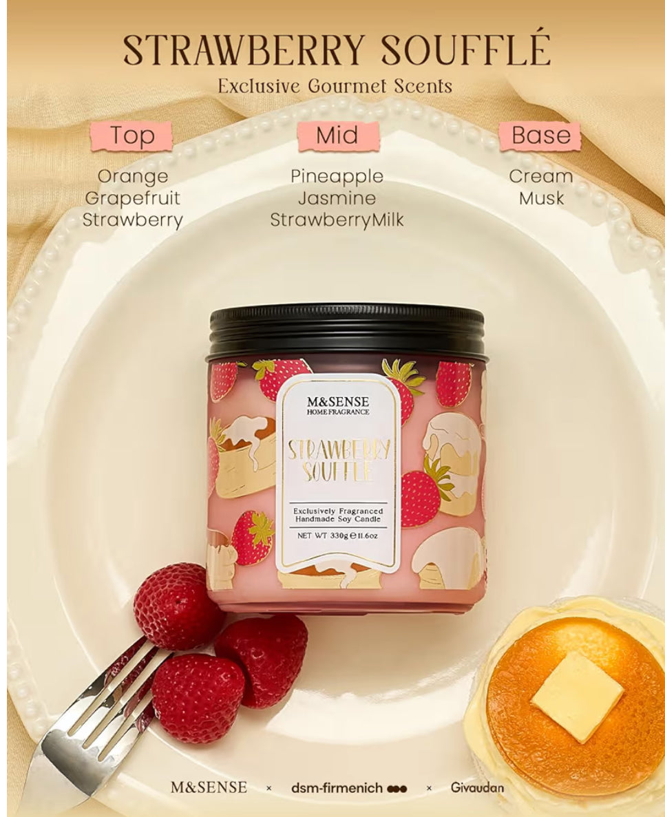 M&SENSE Strawberry Souffle Scented Candle, 11.6oz Natural Soy Wax candle Non Toxic, 2 Wick Jar Candle, Up to 70 Hours Clean Burn, Gifts for her to Creat a Sweet Ambiance