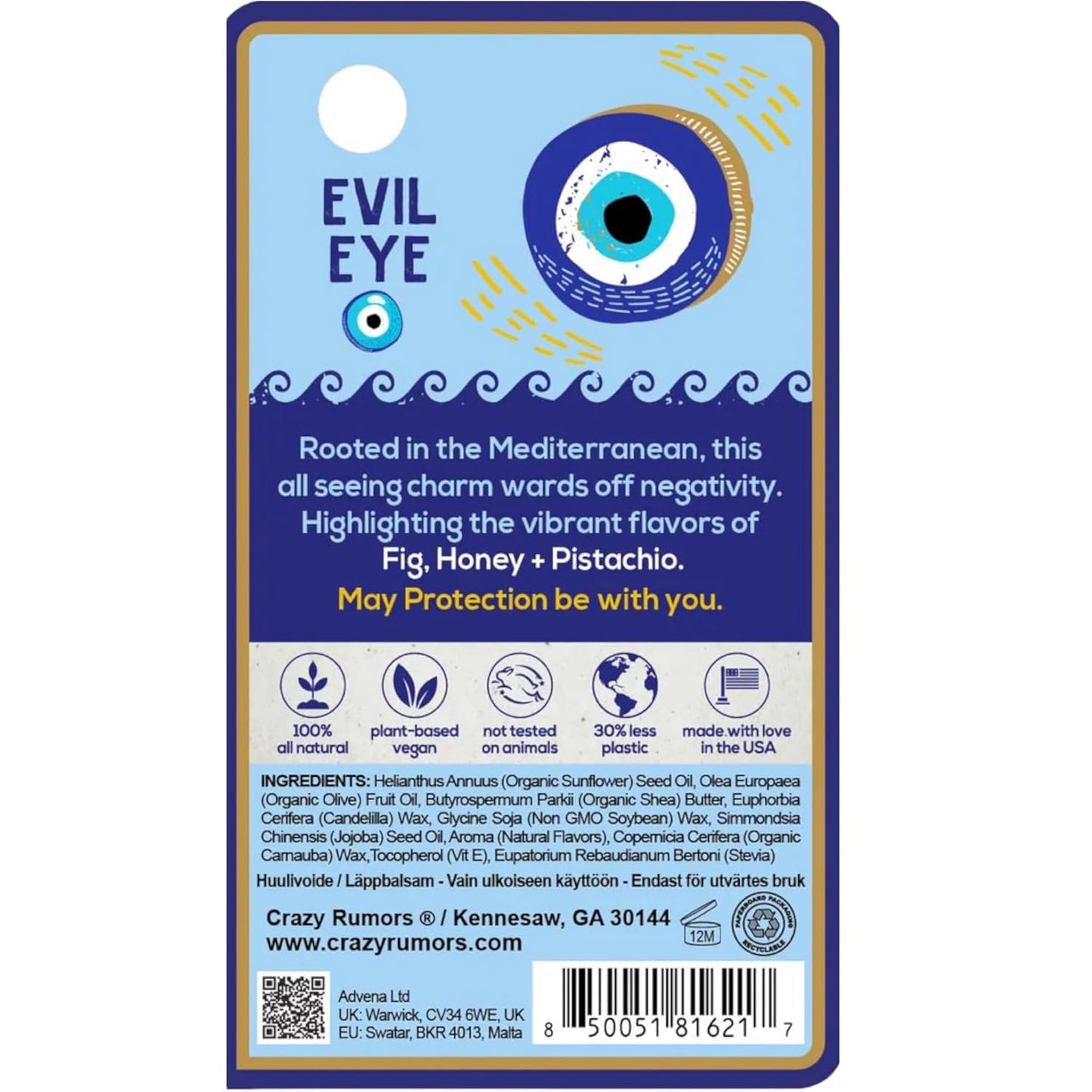Crazy Rumors Happy Juju All Natural, Plant-Based Lip Balm with Organic Shea & Jojoba 1 Pack (Evil Eye)