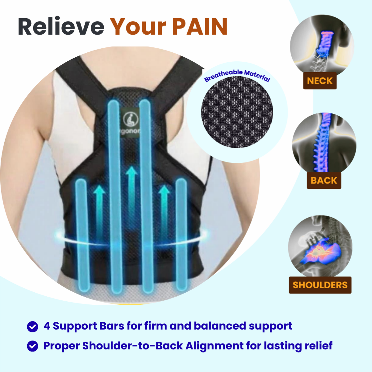 Fitgonomic Posture Corrector For Back Support, Adjustable Full Back Brace for Men & Women, Upper and Lower Back Pain Relief