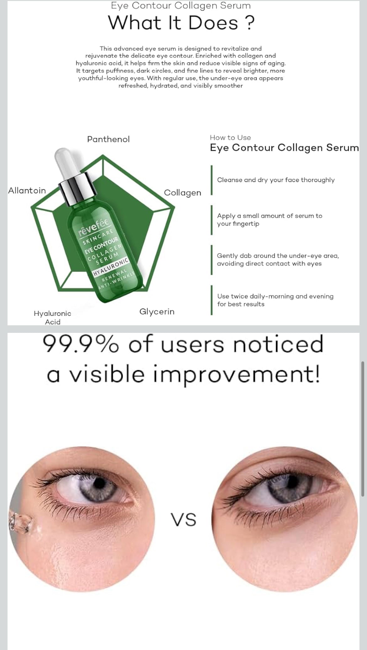 Collagen Hyaluronic Acid Serum. Reduces Dark circles. Puffy Eyes, Wrinkles, Under Eye Bags, Fine Lines, Anti-Aging, Hydrating Complex Eye Contour Serum, Effective Formula.