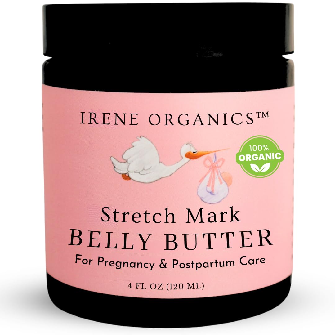 Organic Belly Butter for Pregnancy Stretch Mark Prevention and Treatment by Irene Organics - Award Winning Anti Stretch Mark Tummy Balm For Pregnancy and Postpartum 4oz - Hydrating Bump Cream