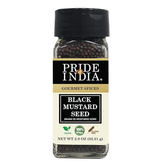Pride of India – Black Mustard Seed – Gourmet & Vegan Indian Spice – Pungent/Spicy Flavor – Dry Seasoning - Gluten & GMO Free – Easy to Use – 3oz. Small Dual Sifter Bottle