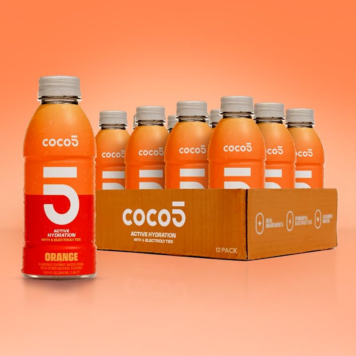 Coco5 Clean Sports Hydration Orange Flavor | 100% Natural | 50% Less Sugar | Nothing Artificial | Non-GMO | Gluten Free | Developed by Pro Trainers for Pro Athletes | 16.9 Oz (Pack - 12)