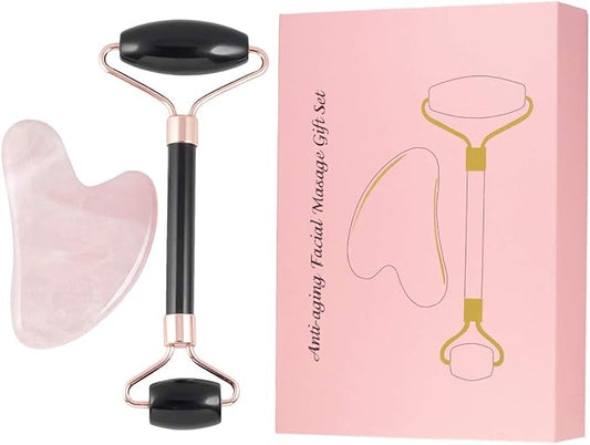 Rockcloud Natural Crystal Jade Roller and Gua Sha Scraping Set Massager Tool for Anti Aging Beauty Neck Body Reduce Wrinkles Facial Massager Therapy Black Obisidian and Rose Quartz Crystal Stone