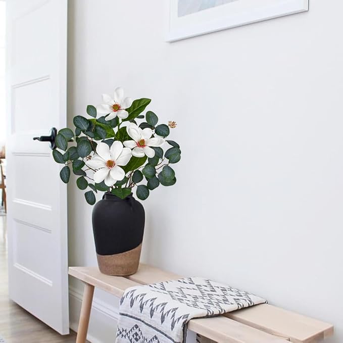 Briful Artificial Eucalyptus Stems 27in Faux Greenery Branches with Magnolia Flowers Spray Mixed Floral Greenery Bouquet for Home Vase Table Centerpiece Wedding Decoration