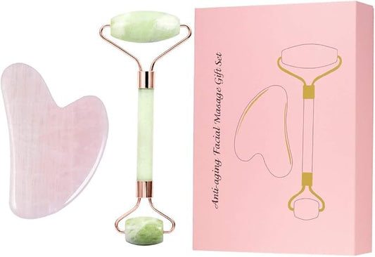 Rockcloud Natural Crystal Jade Roller and Gua Sha Scraping Set Massager Tool for Anti Aging Beauty Neck Body Reduce Wrinkles Facial Massager Therapy Xiuyan Jade and Rose Quartz Crystal Stone