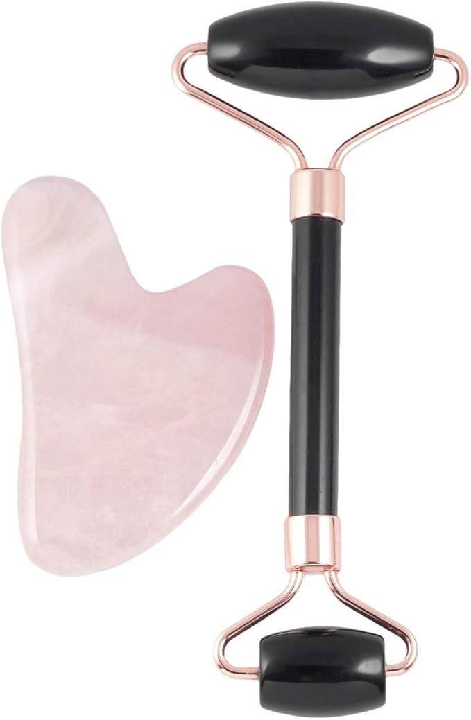 Rockcloud Natural Crystal Jade Roller and Gua Sha Scraping Set Massager Tool for Anti Aging Beauty Neck Body Reduce Wrinkles Facial Massager Therapy Black Obisidian and Rose Quartz Crystal Stone