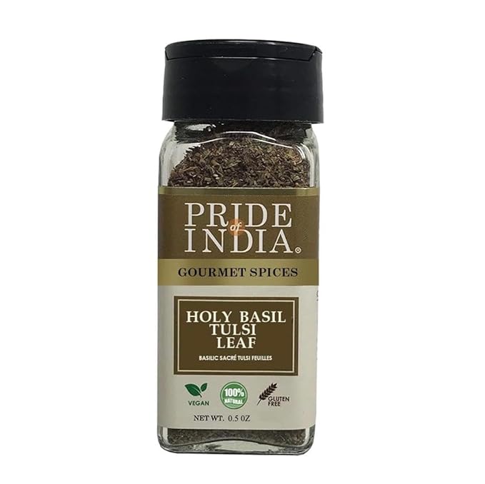 Pride of India – Sweet Holy Basil Leaf – Indian Tulsi Leaf Cut & Sifted – Gourmet Herb – Rich in Nutrients – Ocimum sanctum – GMO Free – Easy to Use – 0.5 oz. Small Dual Sifter Bottle