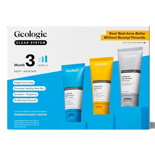 Geologie Clear System | 3-Step Acne Treatment & Skincare Set | Clears Skin Fast | Acne Gel Cleanser, SPF15 Day Cream & .2% Retinol Face Cream For Men & Women | Month 2 / Level 2