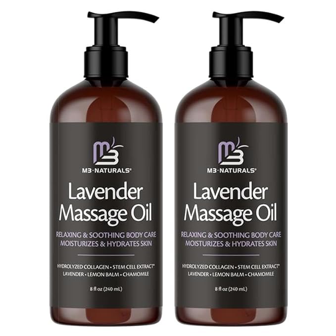 Lavender Massage Oil with Collagen and Stem Cells - Skin Firming Therapy Oil for Cellulite and Quick Absorption on Bum, Thighs, and Belly by M3 Naturals (Pack of 2)