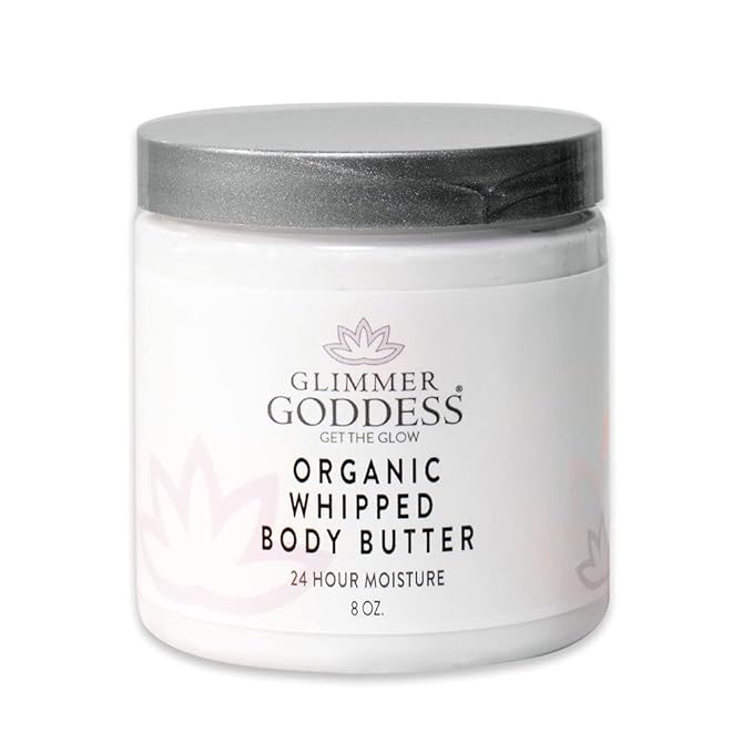 GLIMMER GODDESS Organic Whipped Body Butter- Strawberries&Cream, Vegan, 24 Hr Hydration, Less Stretch Marks, All Skin Types, Child-Safe, Organic, 8 oz
