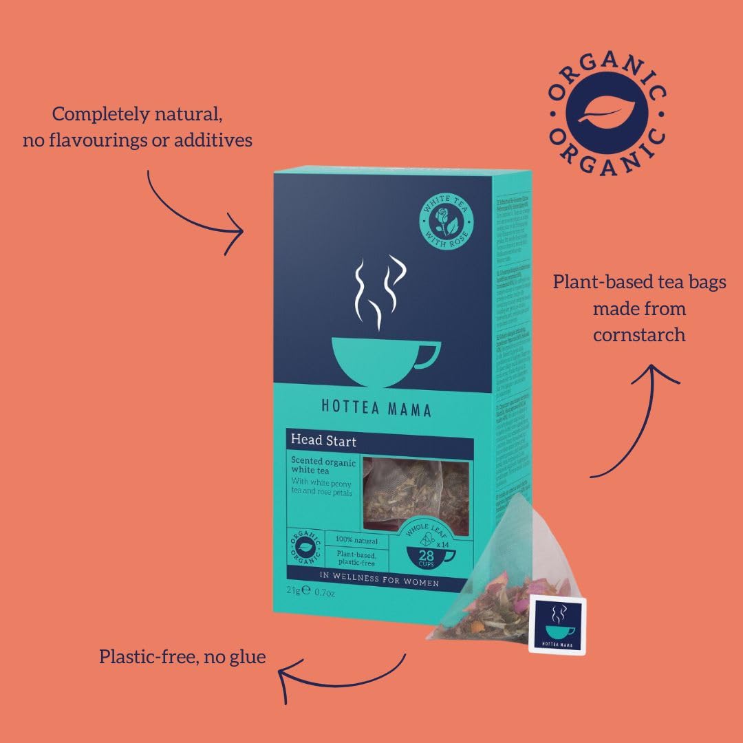 HOTTEA MAMA | Head Start | Organic White Tea & Rose Herbal Blend | Slow Release Caffeine L-Theanine | For Alertness & Brain Fog | 14 Whole Leaf Biodegradable Tea Bags (28 Cups)