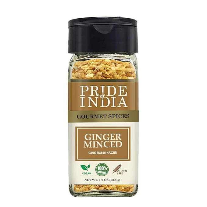 Pride of India – Ginger Minced Whole – Gourmet Spice – Rich in Antioxidant – Potent Flavor - Great for Adding Flavor to Stir Fries & Sauces – Easy to Use – 1.9 oz. Small Dual Sifter Bottle