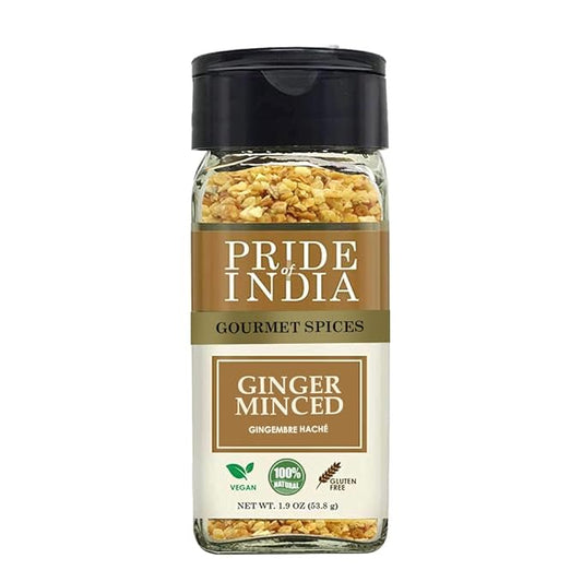 Pride of India – Ginger Minced Whole – Gourmet Spice – Rich in Antioxidant – Potent Flavor - Great for Adding Flavor to Stir Fries & Sauces – Easy to Use – 1.9 oz. Small Dual Sifter Bottle