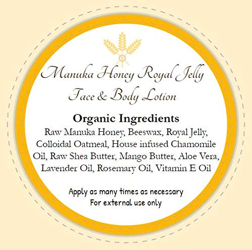 Organic Manuka Honey and Royal Jelly Lotion with Colloidal Oatmeal | Bee Moisturizing Lotion | Face and Body Lotion | For All Ages and Skin Types | (4 oz glass jar)