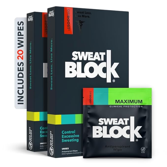 SweatBlock Antiperspirant Wipes - Maximum Clinical Strength - Treat Hyperhidrosis & Excessive Sweating for Men, Women, & Teens - up to 7 Days Protection Per Wipe - Dermatologist Tested - 20 Wipes