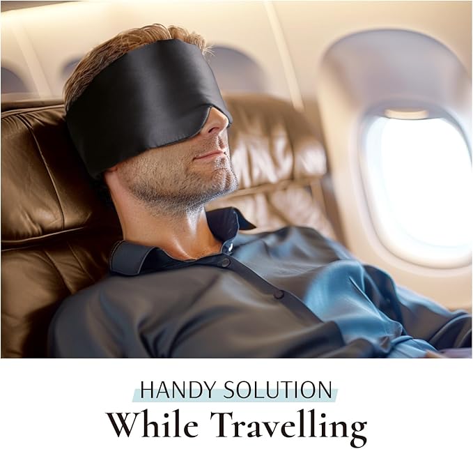 Zenssia 100% Mulberry Silk Sleep Mask Eye Mask for Man and Woman with Adjustable Headband, Full Size Large Sleep Mask & Blindfold for Total Blackout for All Night Sleep, Travel & Nap- Black