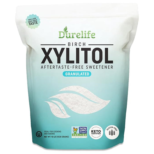 DureLife XYLITOL Sugar Substitute 10 LB (160 OZ) Made From 100 % Pure Birch Xylitol NON GMO - Gluten Free - Kosher ,Natural sugar alternative,