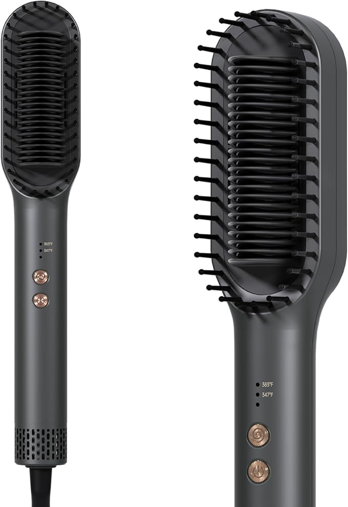 Hair Straightener Brush, Hair Straightener Comb Straightening Brush for Women, 30s Fast Heating & Dual Voltage, Grey