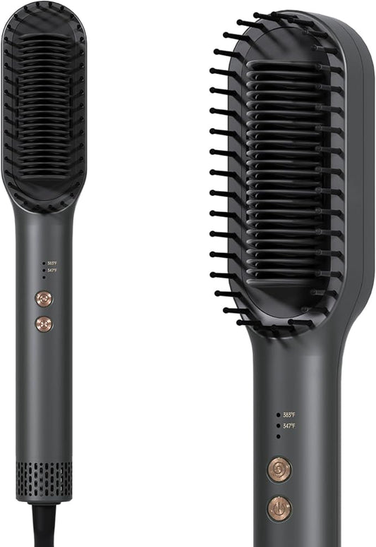 Hair Straightener Brush, Hair Straightener Comb Straightening Brush for Women, 30s Fast Heating & Dual Voltage, Grey