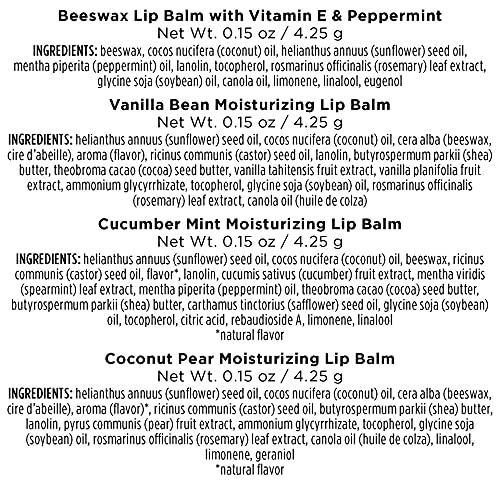Burt’s Bees Holiday Gift, 4 Lip Balm Stocking Stuffer Products, Beeswax Bounty Assorted Set - Original Beeswax, Vanilla Bean, Cucumber Mint & Coconut Pear (Old Verison)
