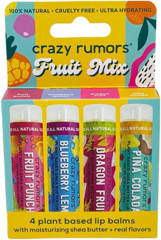 Crazy Rumors Fruit Mix Lip Balm 4-Pack Mix 100% Natural, Vegan, Plant-Based, Made in USA